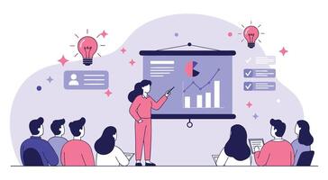 Woman delivering business presentation to diverse audience. Professional explaining analytics and performance metrics to colleagues. vector