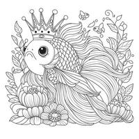 A goldfish with a crown on its head, with long fins and tail, swims underwater, decorated with flowers. Coloring page. vector