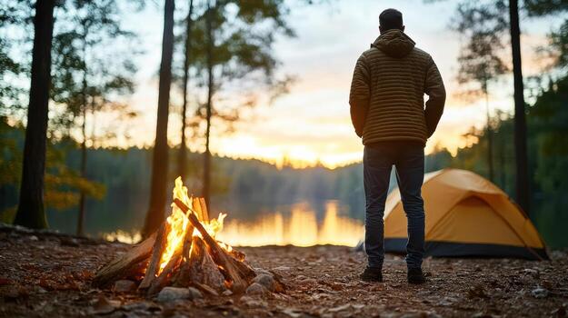 Man standing near campfire and tent in forest photo