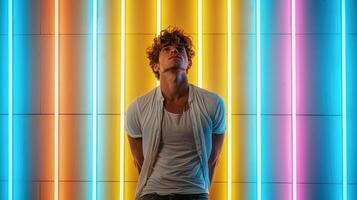 A man standing in front of a neon wall photo
