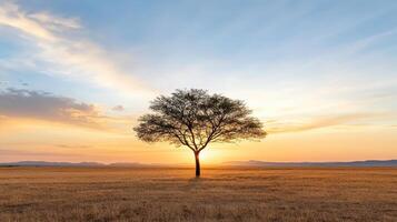A lone tree stands in the middle of an open plain at sunset photo