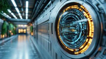 A futuristic looking digital clock in a hallway photo