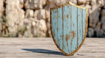 A wooden shield with a blue paint job photo