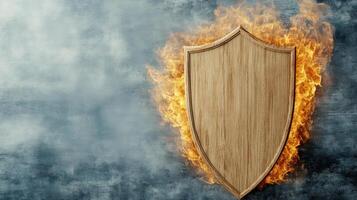 A wooden shield on fire with a blue background photo