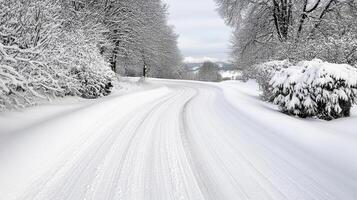 A snowy road is shown in the distance photo
