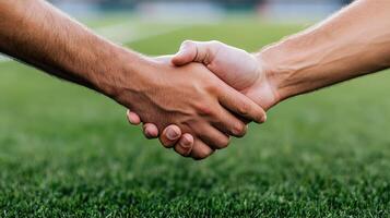 Two people shaking hands on a soccer field photo