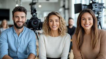 Three people sitting in front of camera photo