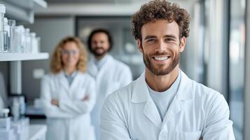 A man in lab coat standing in front of other people photo