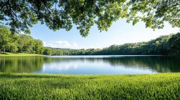 A large body of water surrounded by trees photo