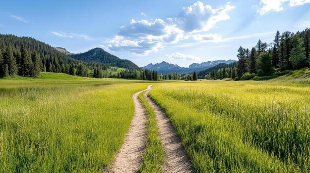 A dirt path leads through a grassy field to a mountain range photo