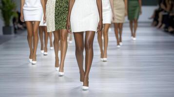 A runway with models in white dresses and heels photo