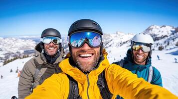 Three men in ski gear taking a selfie photo