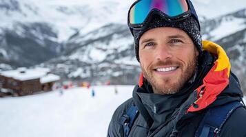 A man in a ski jacket and goggles smiles for the camera photo