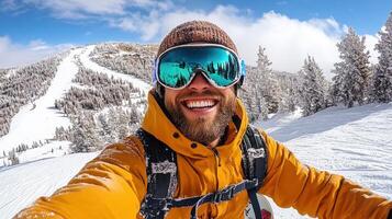 A man in a yellow jacket taking a selfie photo