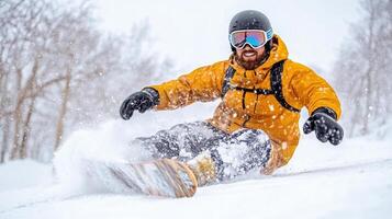 A man in a yellow jacket is riding a snowboard down a snowy slope photo