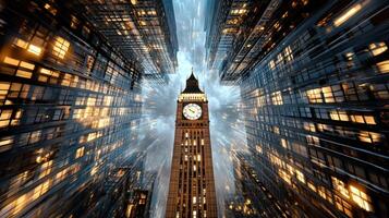 A tall clock tower in the middle of a city photo