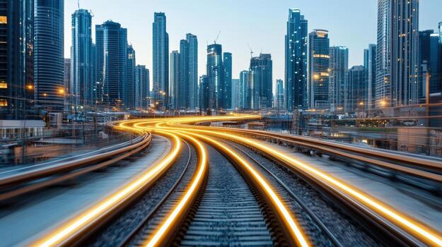 A train track in front of tall buildings photo