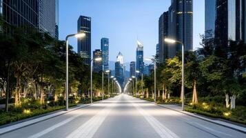 A city street with lights on it and trees photo
