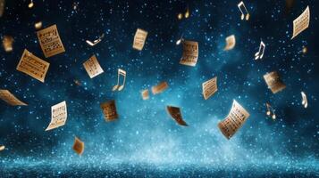 Music notes flying in the air over a blue background photo