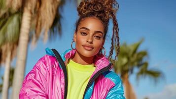 A woman wearing a colorful jacket and a bright green top photo
