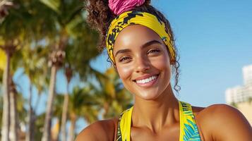 A woman in a yellow headband smiles while sitting on a beach photo