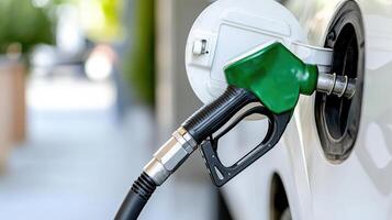A gas pump is attached to a white car photo