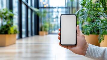 Hand holding blank smartphone mockup in modern office building photo