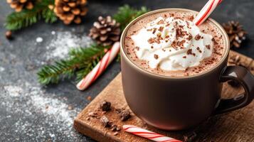 Hot chocolate with whipped cream and candy canes on a wooden table photo