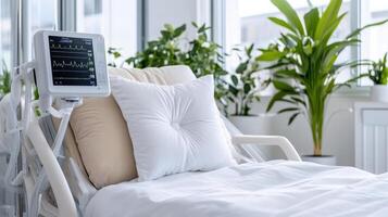 A hospital bed with an electronic monitor on it photo