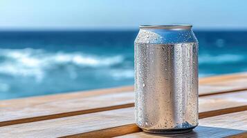 A can of soda sitting on a table next to the ocean photo