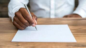 A person writing on a piece of paper with a pen photo