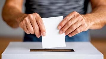 A person putting a blank piece of paper into a voting box photo