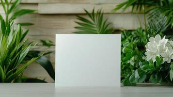 Blank white card mockup on wooden table with green plants photo