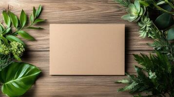 Blank paper on wooden background with green plants photo