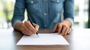 A person is writing on a piece of paper with a pen photo
