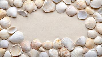 Sea shells on a paper background with space for text photo