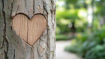 A heart shaped wooden heart is carved into a tree trunk photo
