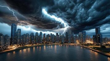 A stormy night sky over a city with lightning photo