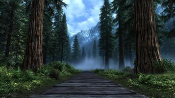 A path through the woods with trees and fog photo