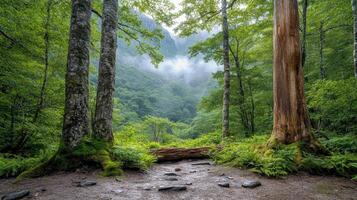 A forest with a fallen tree and a trail photo
