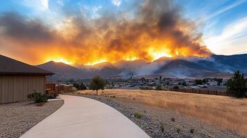 A fire is burning in the mountains behind a house photo