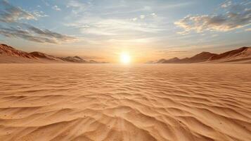 Desert landscape with sand dunes and mountains at sunset photo