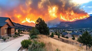 A house is surrounded by a mountain and fire photo