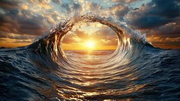 The sun rising over the ocean in the background photo