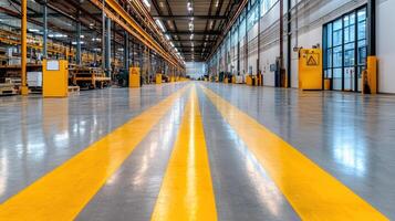 A long warehouse with yellow lines on the floor photo