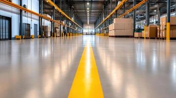 A warehouse with yellow lines and boxes photo