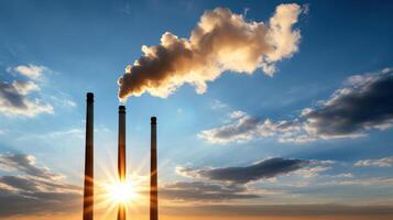 The sun rises over a factory with smoke coming out of the chimneys photo