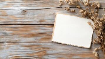 Blank paper and dried grass on wooden background photo
