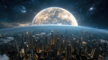 The city of the future with the moon in the background photo