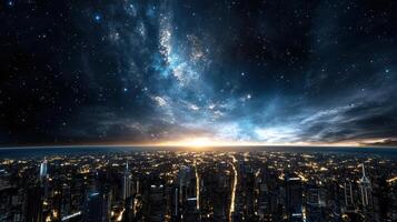 The milky way over the city at night photo